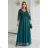 655-2 Ein langes, schimmerndes Kleid mit tiefem Ausschnitt und transparenten Ärmeln – smaragdgrün