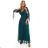 655-2 Ein langes, schimmerndes Kleid mit tiefem Ausschnitt und transparenten Ärmeln – smaragdgrün