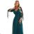 655-2 Ein langes, schimmerndes Kleid mit tiefem Ausschnitt und transparenten Ärmeln – smaragdgrün