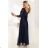 655-3 Ein langes, schimmerndes Kleid mit Ausschnitt und transparenten Ärmeln – marineblau