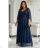 655-3 Ein langes, schimmerndes Kleid mit Ausschnitt und transparenten Ärmeln – marineblau