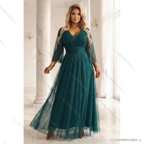 654-1 Langes, schimmerndes Plus-Size-Kleid mit U-Boot-Ausschnitt und transparenten Ärmeln – Flaschengrün
