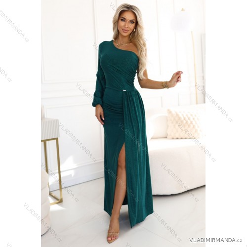 658-2 Glitzerndes, schulterfreies Maxikleid mit asymmetrischen Ärmeln und Schlitz – Flaschengrün