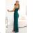 658-2 Glitzerndes, schulterfreies Maxikleid mit asymmetrischen Ärmeln und Schlitz – Flaschengrün