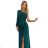 658-2 Glitzerndes, schulterfreies Maxikleid mit asymmetrischen Ärmeln und Schlitz – Flaschengrün