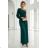658-2 Glitzerndes, schulterfreies Maxikleid mit asymmetrischen Ärmeln und Schlitz – Flaschengrün