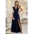 660-1 Elegantes Maxikleid mit Rüschen, tiefem Ausschnitt und Beinschlitz – marineblau
