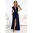 660-1 Elegantes Maxikleid mit Rüschen, tiefem Ausschnitt und Beinschlitz – marineblau