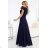 660-1 Elegantes Maxikleid mit Rüschen, tiefem Ausschnitt und Beinschlitz – marineblau
