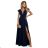 660-1 Elegantes Maxikleid mit Rüschen, tiefem Ausschnitt und Beinschlitz – marineblau