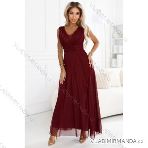 637-1 Langes Abendkleid mit Brokatverzierung und tiefem Ausschnitt - bordeauxrot