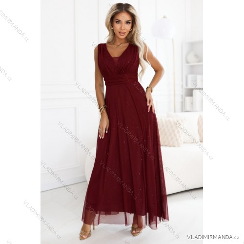 637-1 Langes Abendkleid mit Brokatverzierung und tiefem Ausschnitt - bordeauxrot