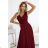 637-1 Langes Abendkleid mit Brokatverzierung und tiefem Ausschnitt - bordeauxrot