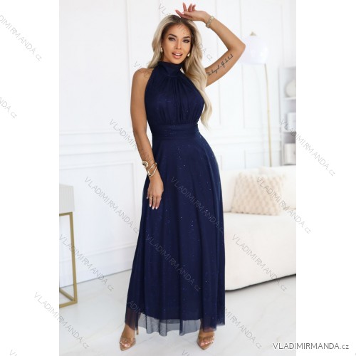 636-2 VERONICA luxuriöses langes Kleid mit Brokatbesatz und elegantem Schnitt - marineblau