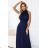 636-2 VERONICA luxuriöses langes Kleid mit Brokatbesatz und elegantem Schnitt - marineblau