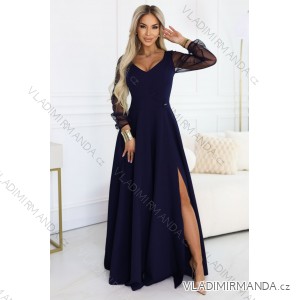 640-3 LORETTA Einzigartiges langes Kleid mit Tüllärmeln und -ausschnitt - Marineblau