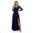 640-3 LORETTA Einzigartiges langes Kleid mit Tüllärmeln und -ausschnitt - Marineblau
