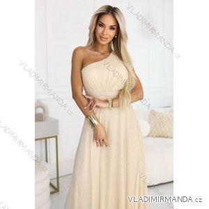 656-2 Langes, funkelndes, schulterfreies Abendkleid – Champagnerbeige