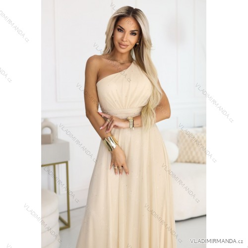 656-2 Langes, funkelndes, schulterfreies Abendkleid – Champagnerbeige