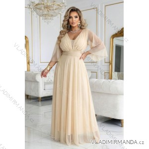 654-2 Langes, schimmerndes Plus-Size-Kleid mit U-Boot-Ausschnitt und transparenten Ärmeln – Champagnerbeige