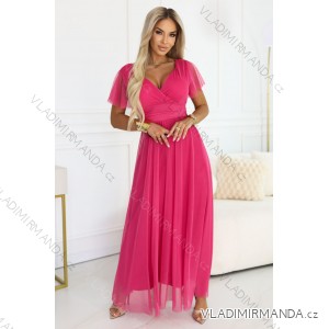 562-9 NASTIA Langes Kleid mit Ausschnitt, Bindeband und kurzen Ärmeln - Himbeersorbet