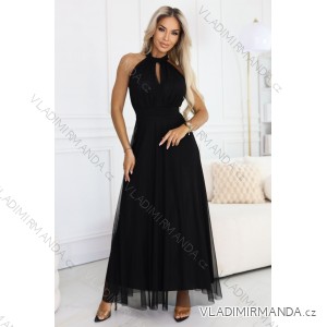 662-2 Elegantes Abend-Maxikleid mit Neckholder, Tüll und Taillengürtel – Schwarz