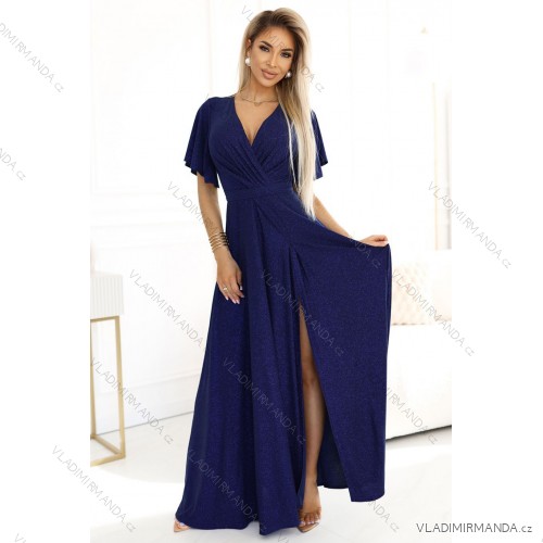581-5 JENNIFER glänzendes langes Kleid mit Ärmeln und Ausschnitt - Marineblau mit Glitzer L dunkelblau