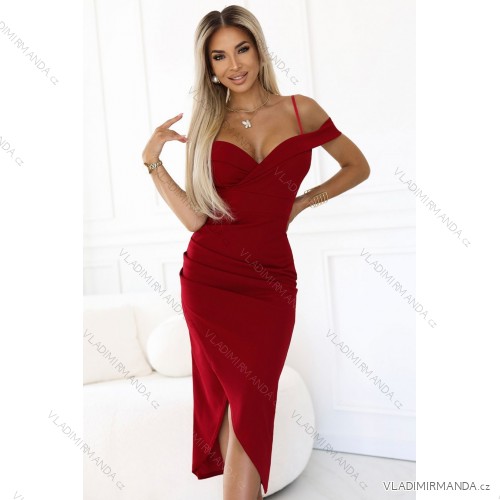 564-8 CALLIE Off-Shoulder Midikleid mit Ausschnitt - Burgund XS/S/M Wein