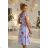 425-14 MATILDE Ausgestelltes Midikleid mit Wickelausschnitt und kurzen Ärmeln – blau mit rosa Blüten