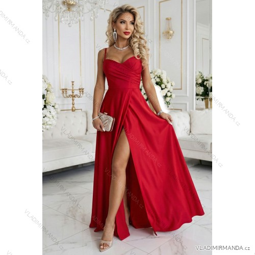 646-3 Langes Abendkleid mit Trägern und Beinschlitz - rot