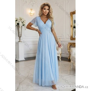 635-6 MELANIA Langes, schimmerndes Kleid mit Ausschnitt und kurzen Ärmeln - Himmelblau