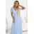 635-6 MELANIA Langes, schimmerndes Kleid mit Ausschnitt und kurzen Ärmeln - Himmelblau