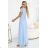 635-6 MELANIA Langes, schimmerndes Kleid mit Ausschnitt und kurzen Ärmeln - Himmelblau
