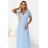 635-6 MELANIA Langes, schimmerndes Kleid mit Ausschnitt und kurzen Ärmeln - Himmelblau