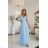 635-6 MELANIA Langes, schimmerndes Kleid mit Ausschnitt und kurzen Ärmeln - Himmelblau
