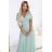 635-8 MELANIA Langes, schimmerndes Kleid mit Ausschnitt und kurzen Ärmeln - Pistazie