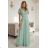 635-8 MELANIA Langes, schimmerndes Kleid mit Ausschnitt und kurzen Ärmeln - Pistazie