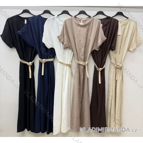 Langes, elegantes Sommerkleid mit Gürtel, kurzen Ärmeln, Damengröße Oversize (46/48/50, Einheitsgröße), italienische Mode, IM426175