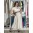 Langes, elegantes Sommerkleid mit Gürtel, kurzen Ärmeln, Damengröße Oversize (46/48/50, Einheitsgröße), italienische Mode, IM426175 S / M / L Hellbeige