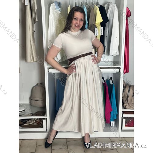 Langes, elegantes Sommerkleid mit Gürtel, kurzen Ärmeln, Damengröße Oversize (46/48/50, Einheitsgröße), italienische Mode, IM426175 S / M / L Hellbeige