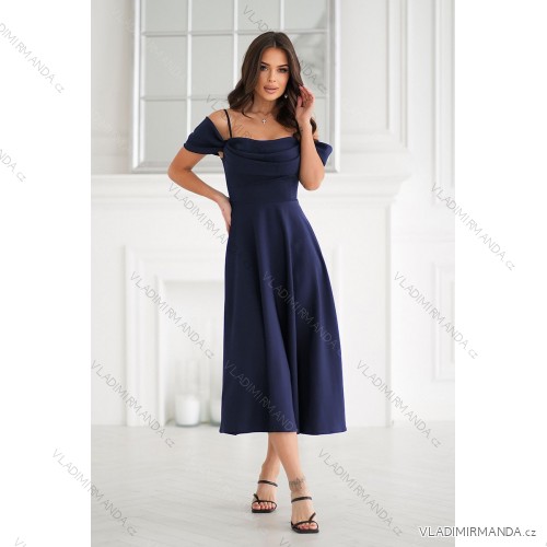 Elegantes, glitzerndes Partykleid mit geometrischem Ausschnitt und Trägern für Damen (Größen 34-46) POLISH FASHION PMLBC24320-20 dunkelblau 36