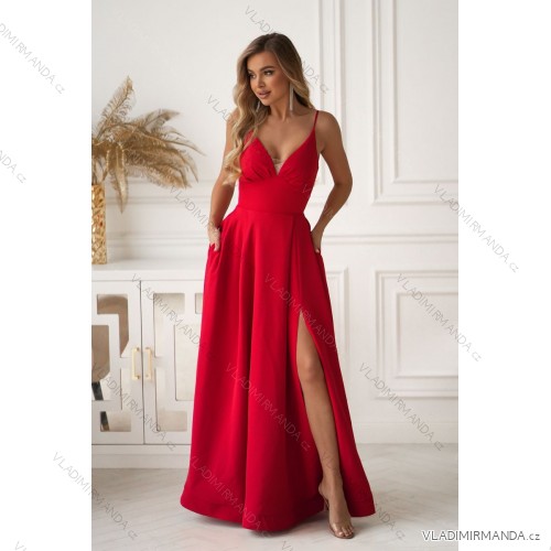Elegantes, glitzerndes Partykleid mit geometrischem Ausschnitt und Trägern für Damen (Größen 34-46) POLISH FASHION PMLBC24320-20 rot 34