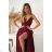 Elegantes, glitzerndes Partykleid mit geometrischem Ausschnitt und Trägern für Damen (Größen 34-46) POLISH FASHION PMLBC24320-20 Wein 40