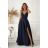 Elegantes, glitzerndes Partykleid mit geometrischem Ausschnitt und Trägern für Damen (Größen 34-46) POLISH FASHION PMLBC24320-20 dunkelblau 44