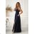 Elegantes, glitzerndes Partykleid mit geometrischem Ausschnitt und Trägern für Damen (Größen 34-46) POLISH FASHION PMLBC24320-20 dunkelblau 44