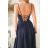 Elegantes, glitzerndes Partykleid mit geometrischem Ausschnitt und Trägern für Damen (Größen 34-46) POLISH FASHION PMLBC24320-20 dunkelblau 44