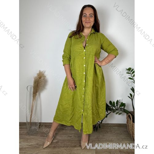 Langes Leinen-Hemdkleid für Damen mit langen Ärmeln (S/M ONE SIZE) ITALIAN FASHION IMPLI2272014 44/46/48 grüne Erbse