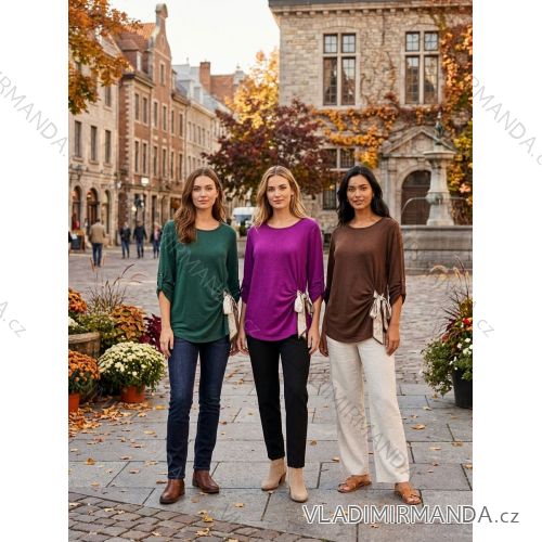 T-Shirt mit Schleife, warm, langärmlig, Damen, Oversize (46/48/50, Einheitsgröße), italienische Mode, IM426309
