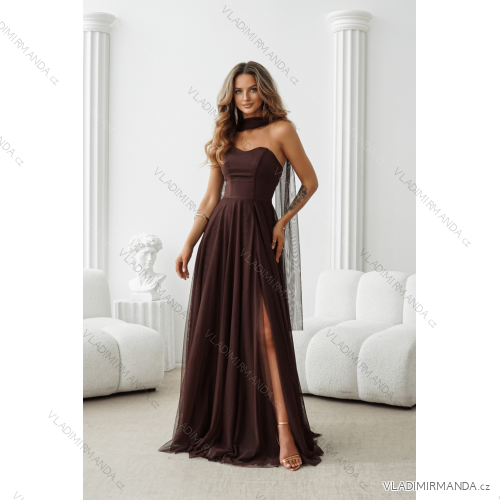 Damen (34-38) POLISH FASHION PMLWD24AMELIA Trägerloses langes Partykleid mit Pailletten brown Schokolade 34