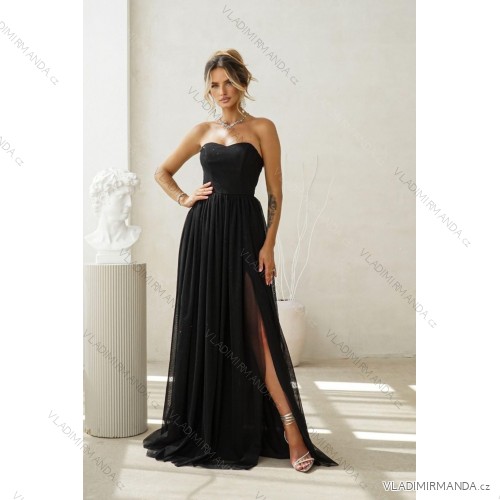Langes, elegantes Damenkleid mit breiten Trägern (SL) FRENCH FASHION FMPEL23VELVET schwarz 34